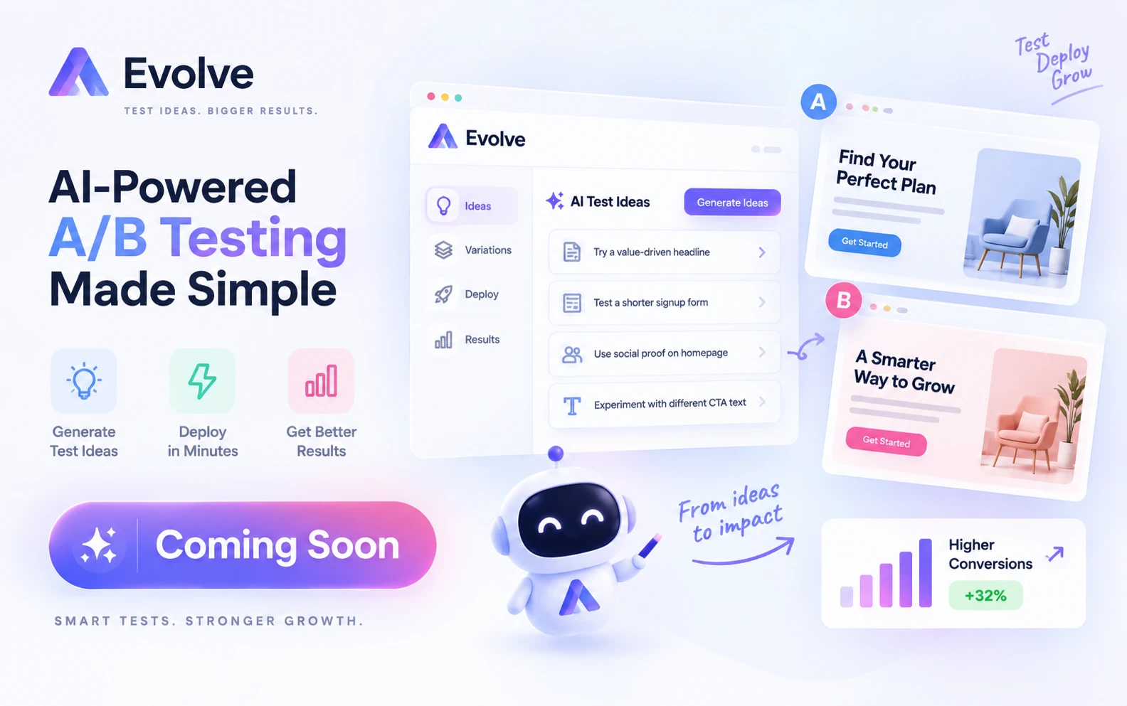 Evolve — AI-powered A/B testing made simple. Coming soon. Generate test ideas, deploy in minutes and get better results, shown as two page variants and a lift in conversions.